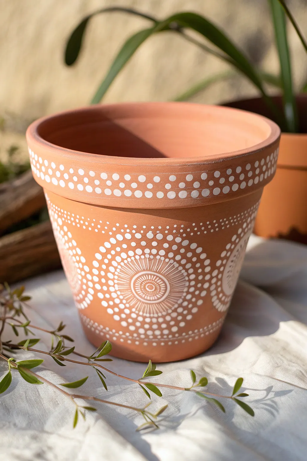 Mandala dot rings around a terracotta rim for an easy, minimalist-boho clay pot upgrade