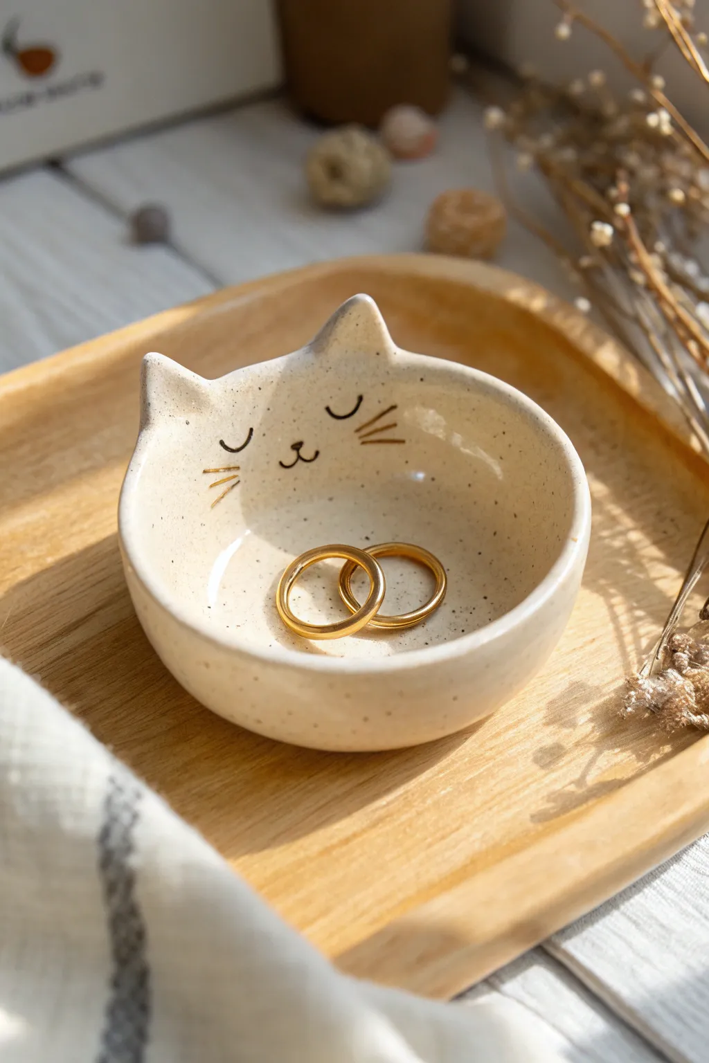 Sweet cat-in-a-cup trinket dish with a glossy finish, perfect for storing rings in style.