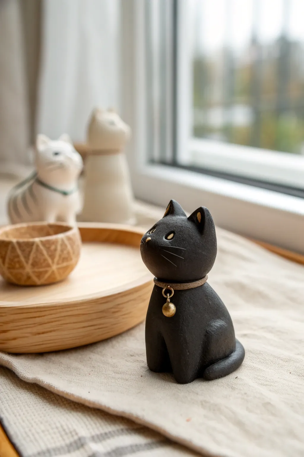 Minimal black clay cat mini figurine, chic Halloween decor with a soft Scandinavian boho vibe.