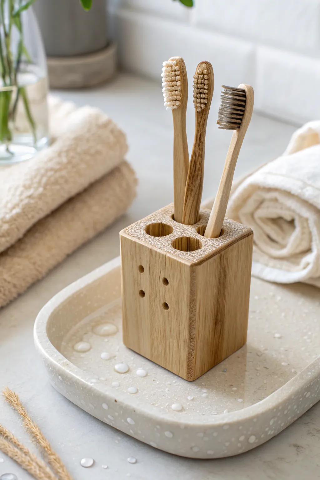 Simple wood block toothbrush stand on a handmade clay drip tray, cozy and minimalist