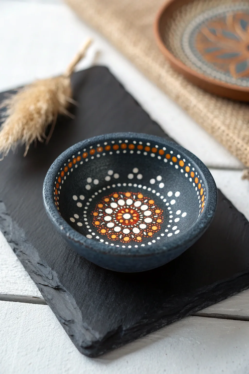 Moody dark diya with bright mandala dot art, minimalist yet boho and beautifully handcrafted