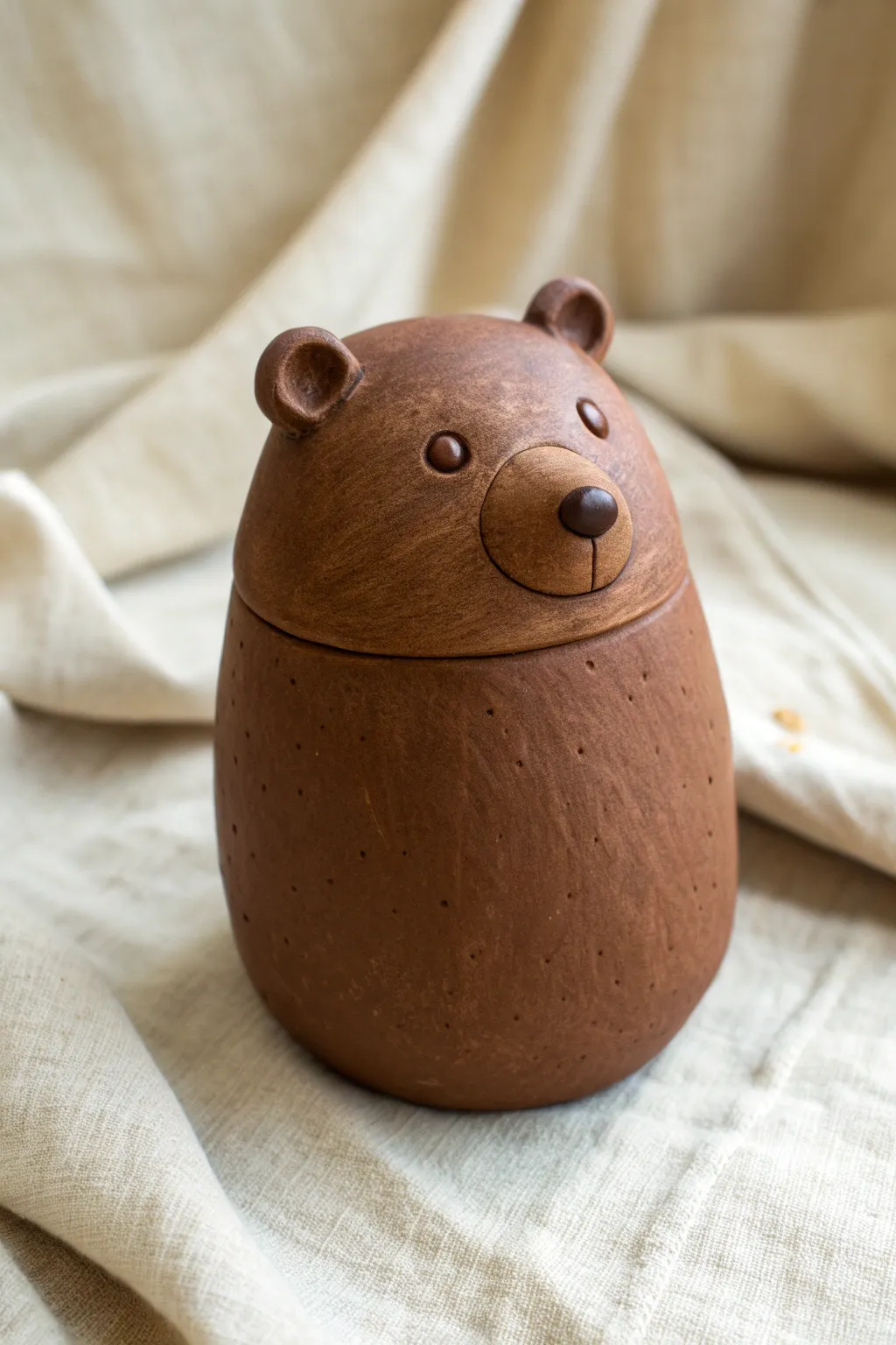 Sweet double pinch pot bear with rounded ears and simple paws in warm matte brown clay