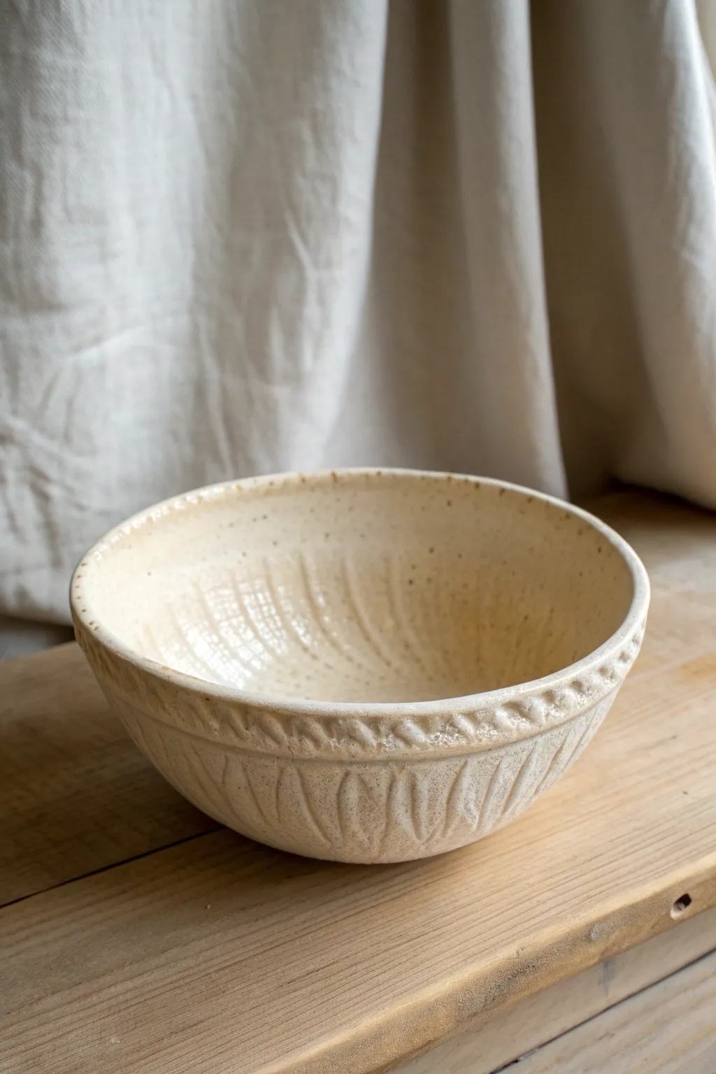 Lace-imprint drape bowl with crisp side light to highlight every soft ceramic texture