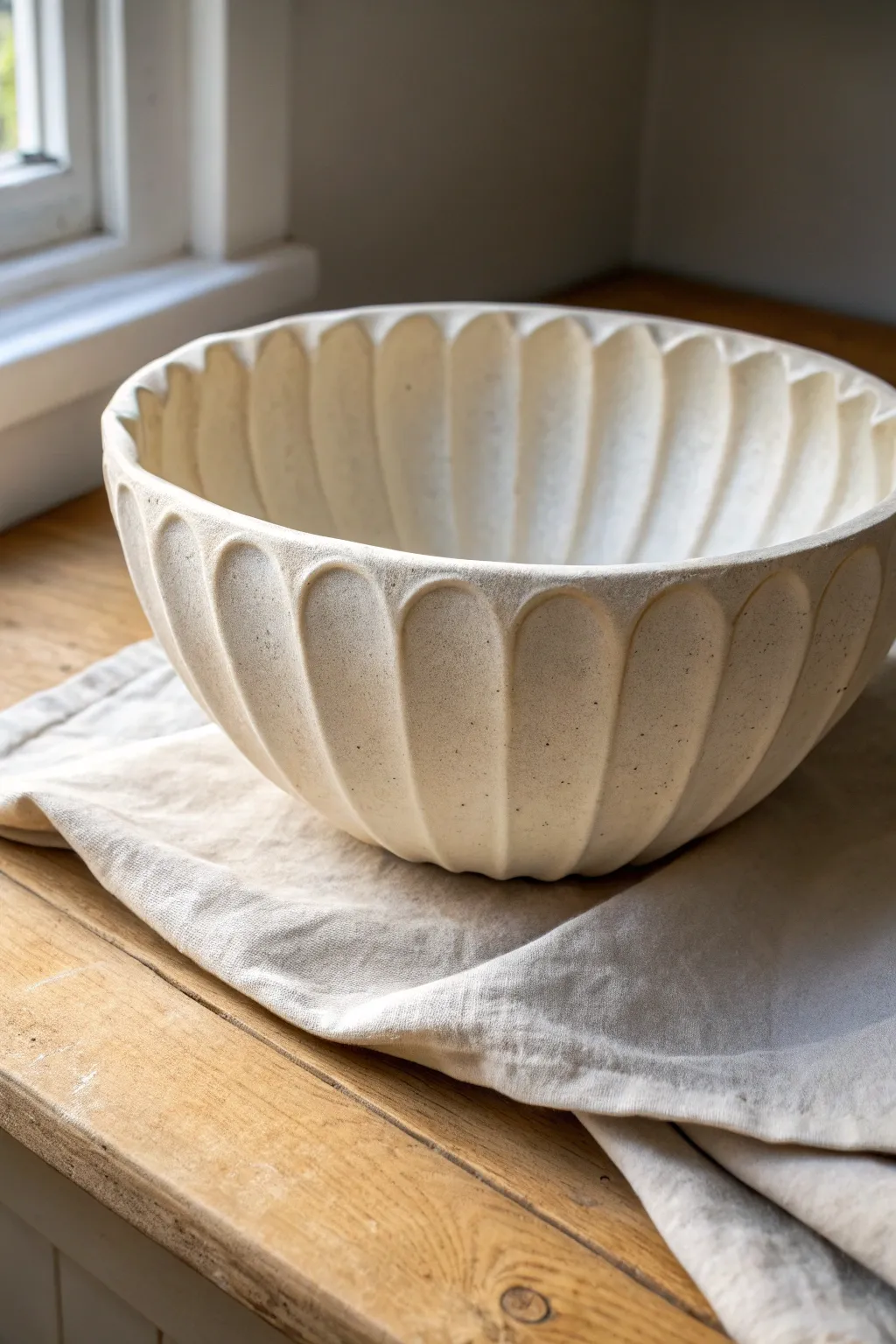 Fluted rim drape bowl with softly pinched waves, minimal styling and warm natural light