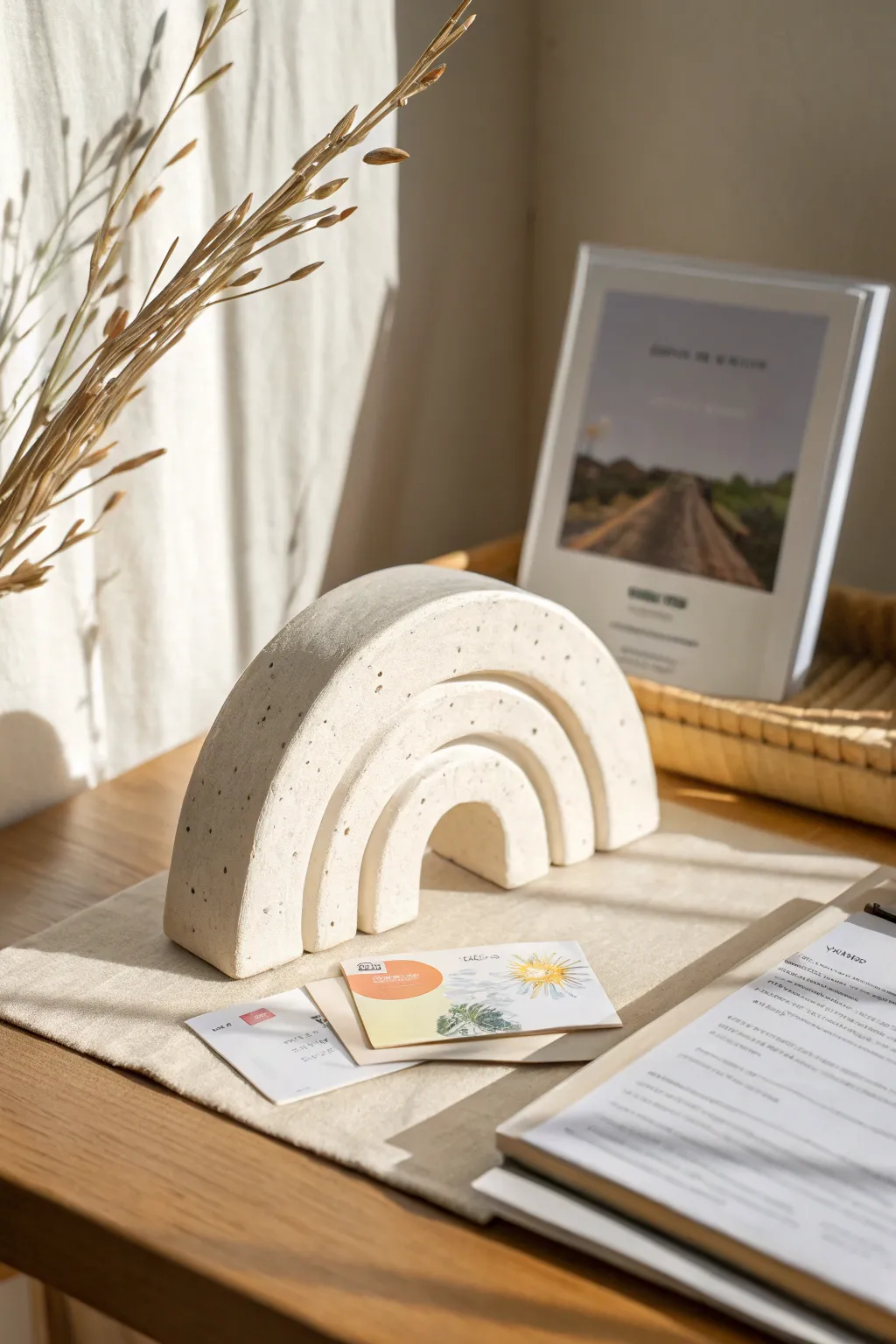 Minimal air-dry clay card stand in a chunky geometric shape, perfect for photos or art cards