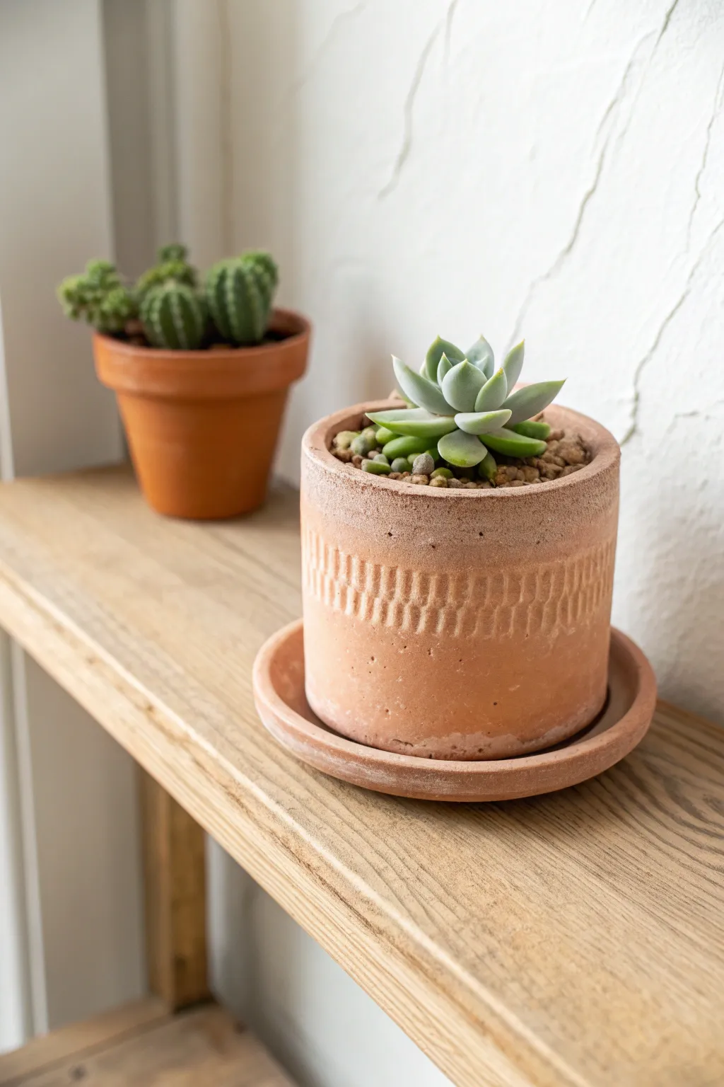 Tiny air-dry clay planter with a petite succulent, minimal styling, earthy tones, handmade charm.