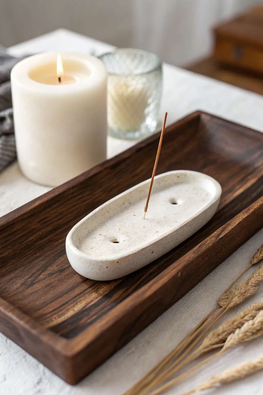 Simple air-dry clay incense stick rest in calming neutral tones, perfect first clay project.