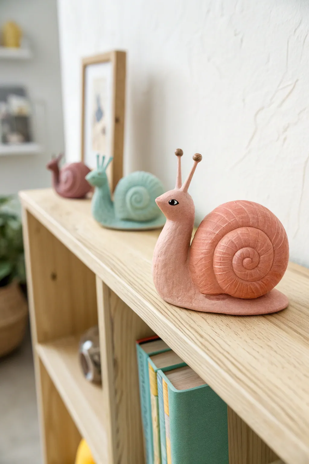 A cute air-dry clay snail buddy for kids, simple to make and perfect for shelf edges