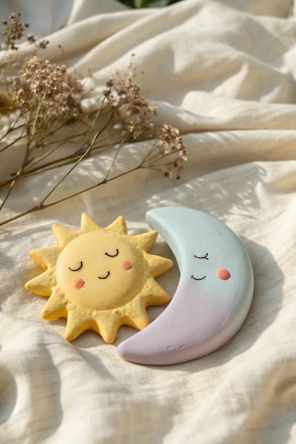 Pastel sun and moon clay buddies in a minimalist Scandinavian setup, cute and easy to make.