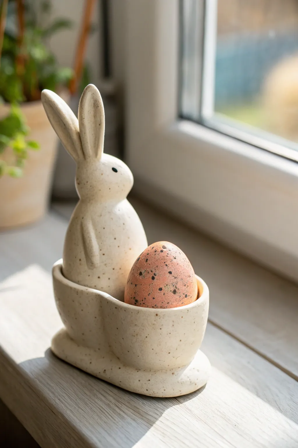 Cute bunny butt egg holder in speckled clay, perfect minimalist Easter decor for your table