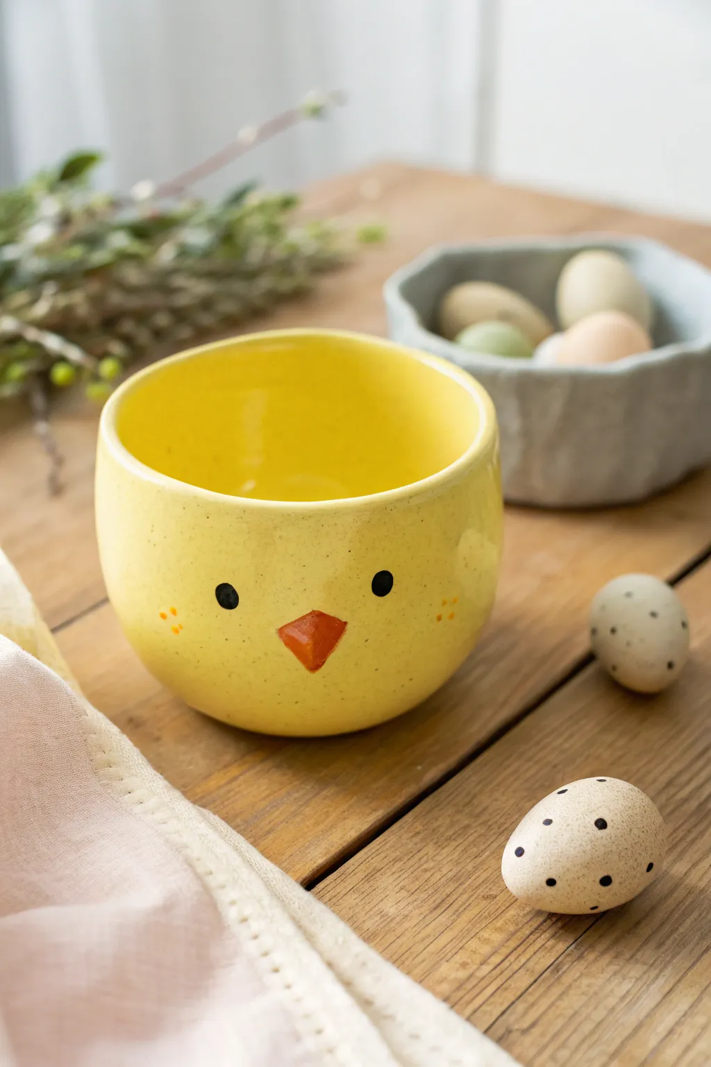 Sweet chick pinch pot snack cup for kids, sunny and simple with tiny clay eggs nearby