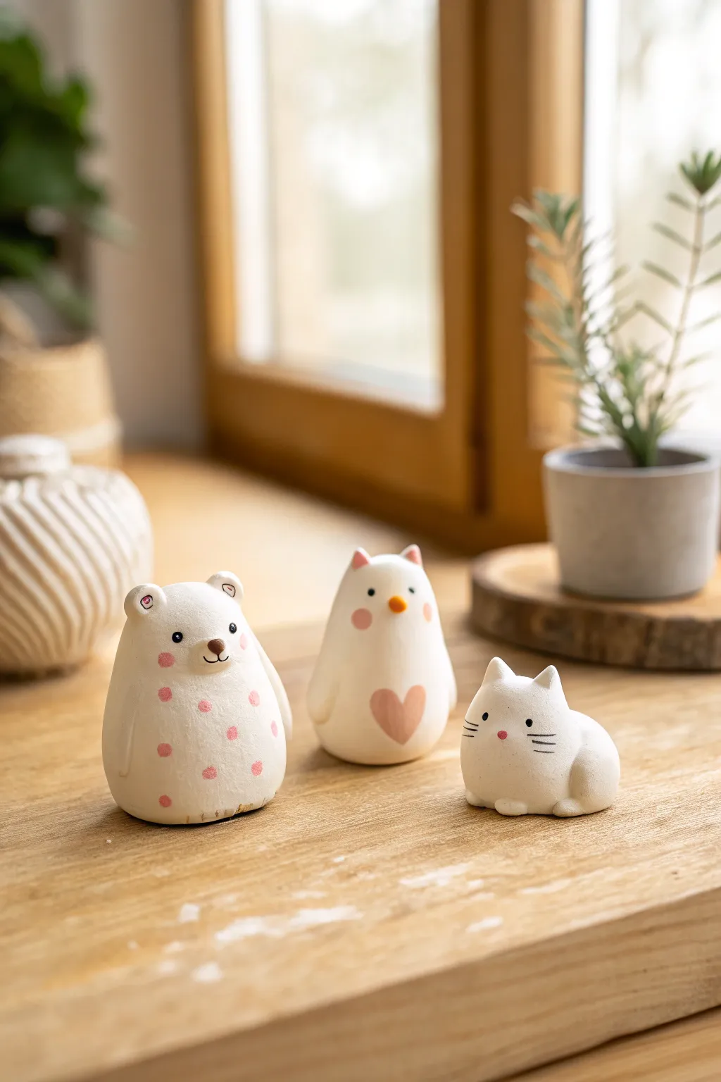 Palm-sized air-dry clay animal minis with sweet faces, minimalist Scandinavian-boho and beginner friendly