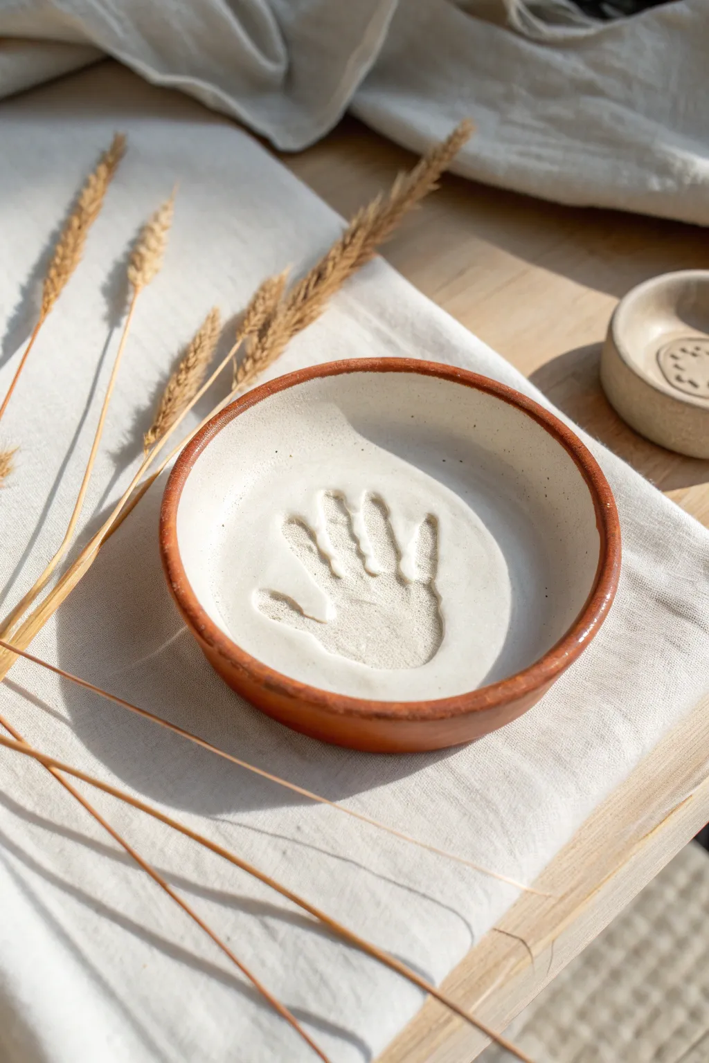 Sweet air-dry clay handprint dish with a simple painted rim, perfect for a kid keepsake.