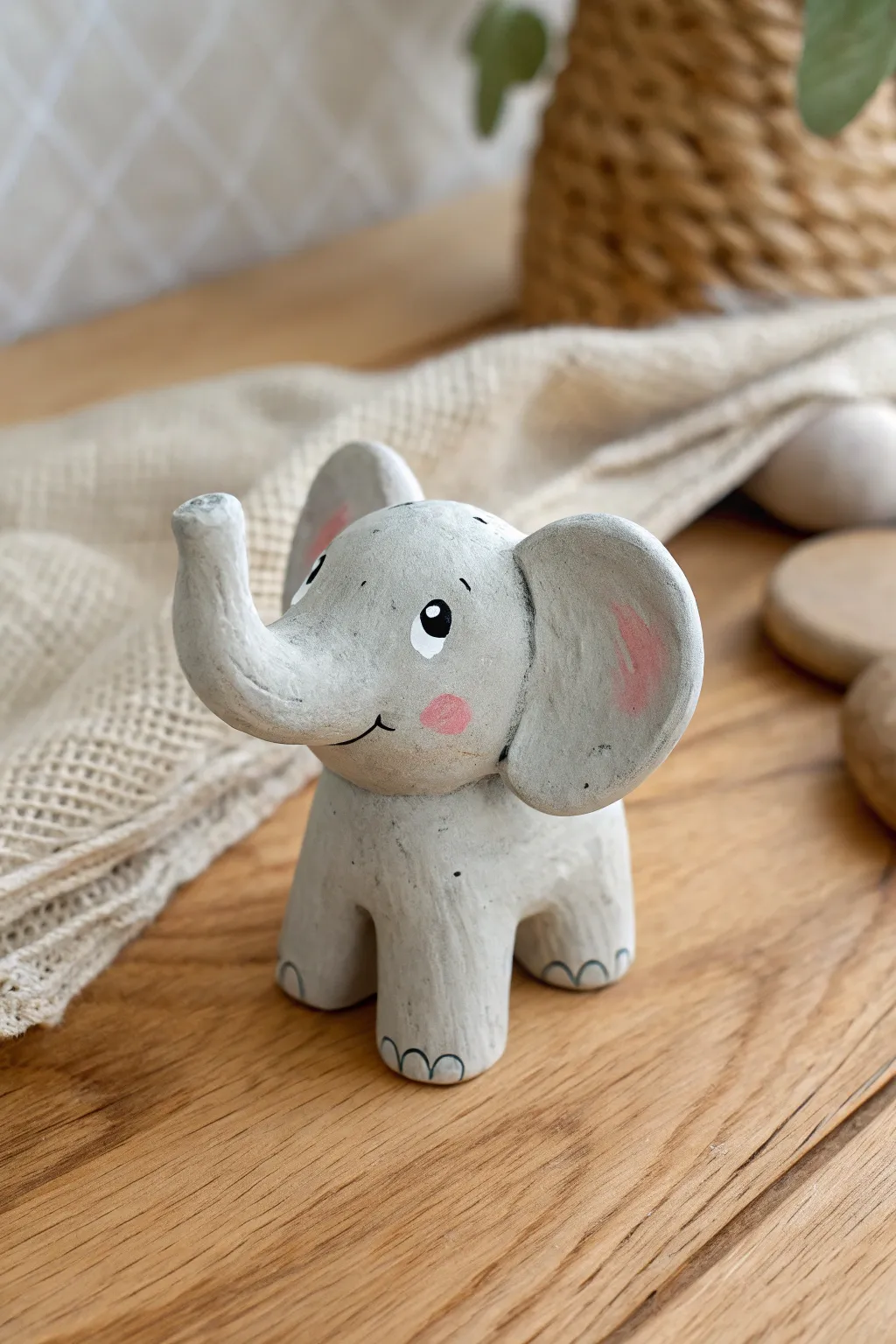 Tiny air dry clay elephant with curled trunk in soft gray, minimalist and sweet.