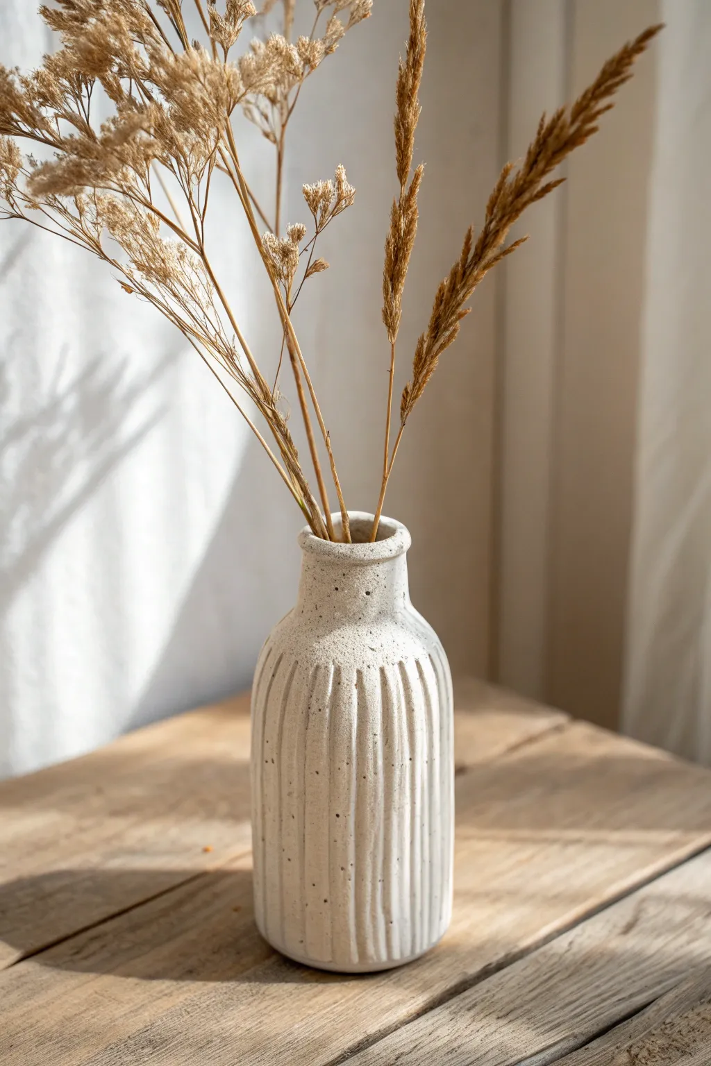 Tiny clay-wrapped bud vase cover with simple carved lines and dried stems in a bright vignette