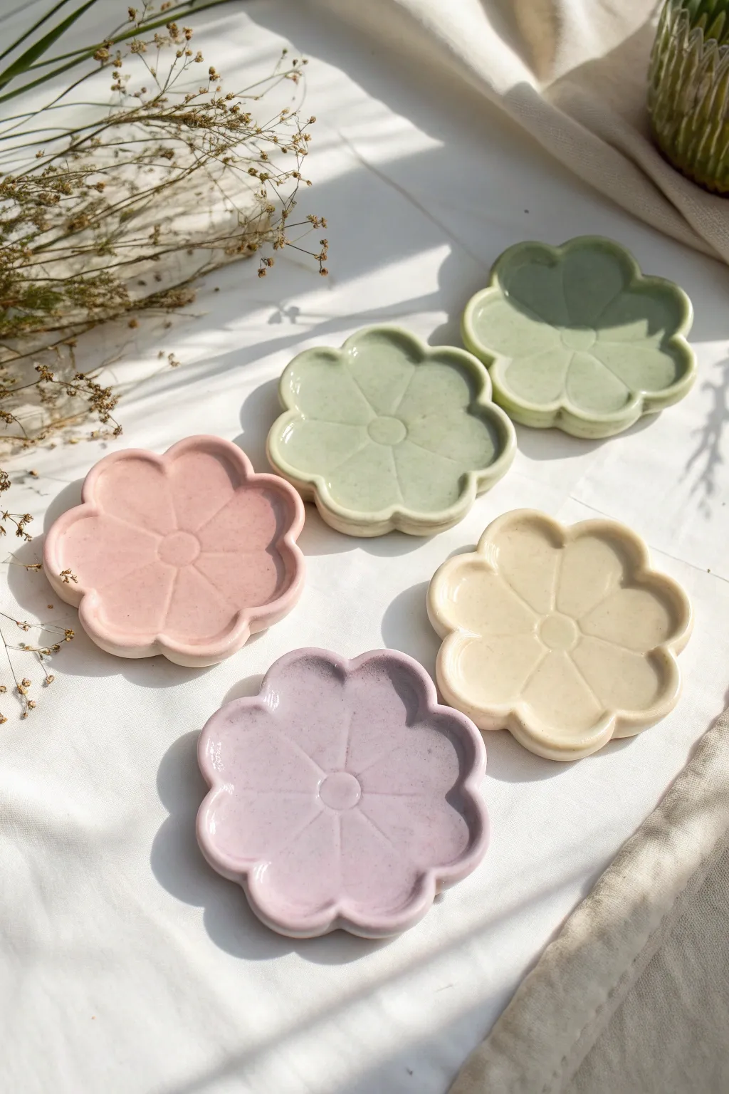 Soft pastel scalloped flower coasters in air dry clay, a simple beginner-friendly project