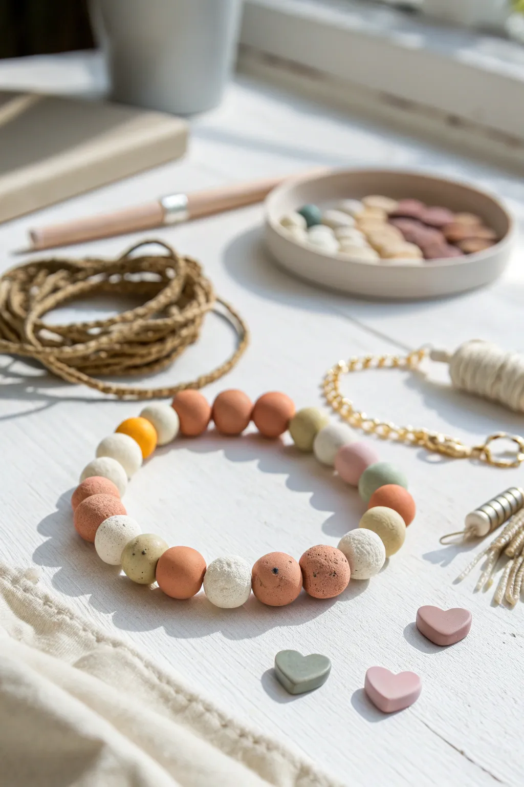 Chunky air dry clay beads in soft pastels with a simple bracelet and necklace, kid-friendly.
