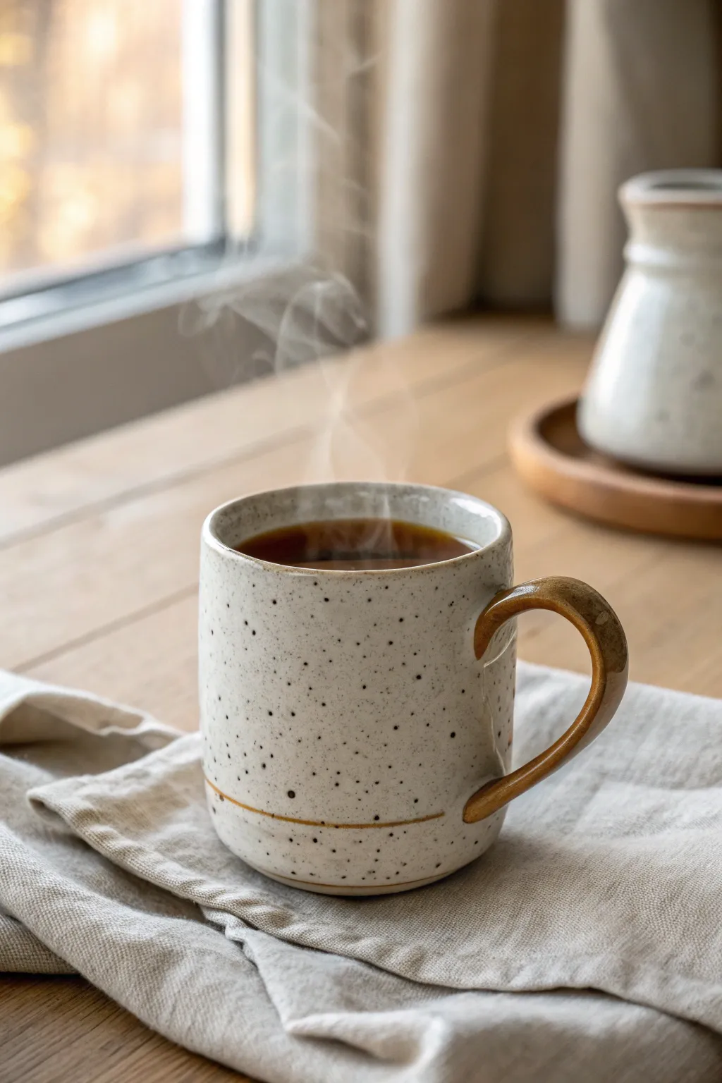 A cozy beginner slab mug with a simple strap handle, matte glaze, and warm tea inside.