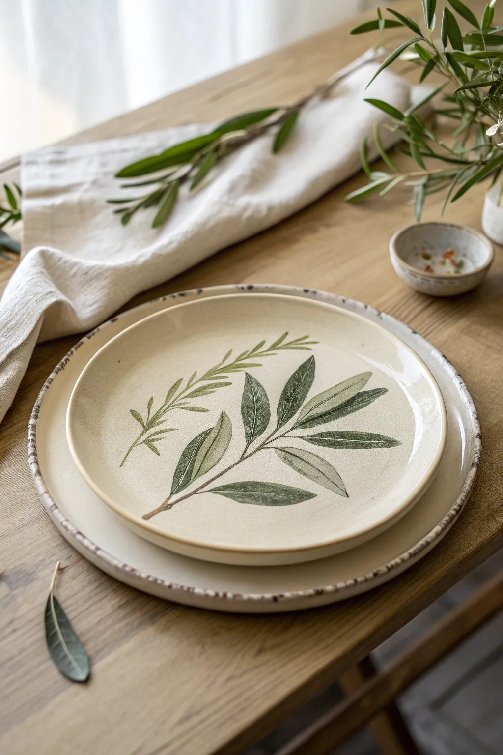 Minimal ceramic plate with a single leafy sprig centered and a tiny rim accent, calm and craft-led.