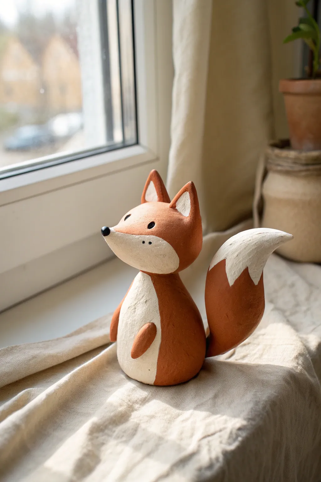 Adorable minimalist clay fox with triangle ears and curled tail, perfect beginner pottery idea.