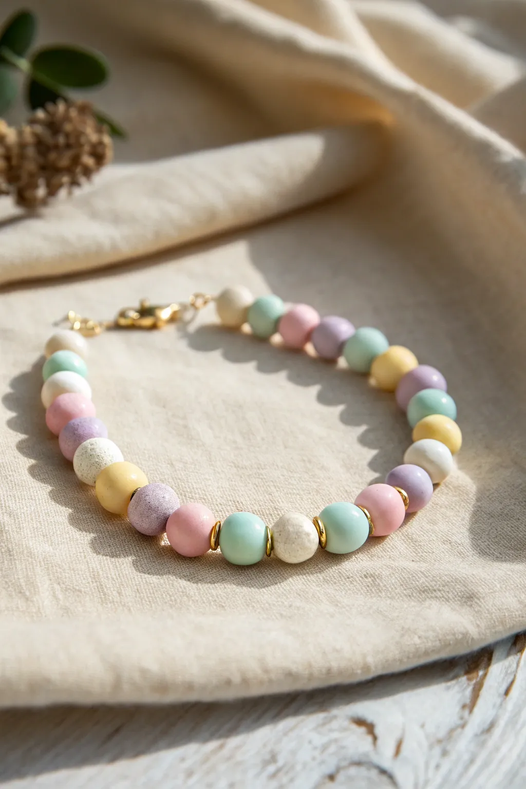 Pastel candy clay bead bracelet in mint, lavender, blush, and butter yellow with airy white accents