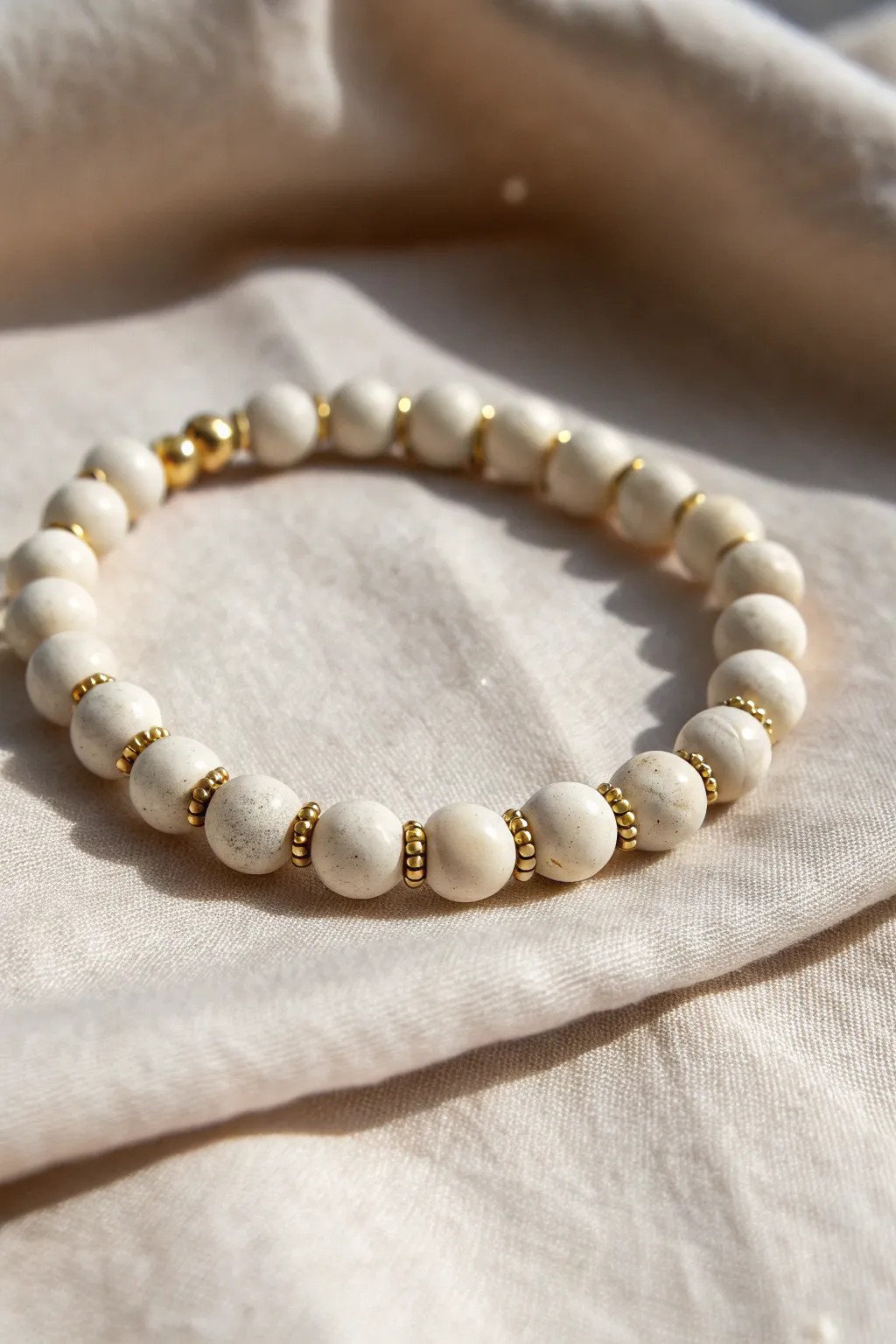 Minimal clay bead bracelet with gold spacers, softly curved for shine and clean contrast.