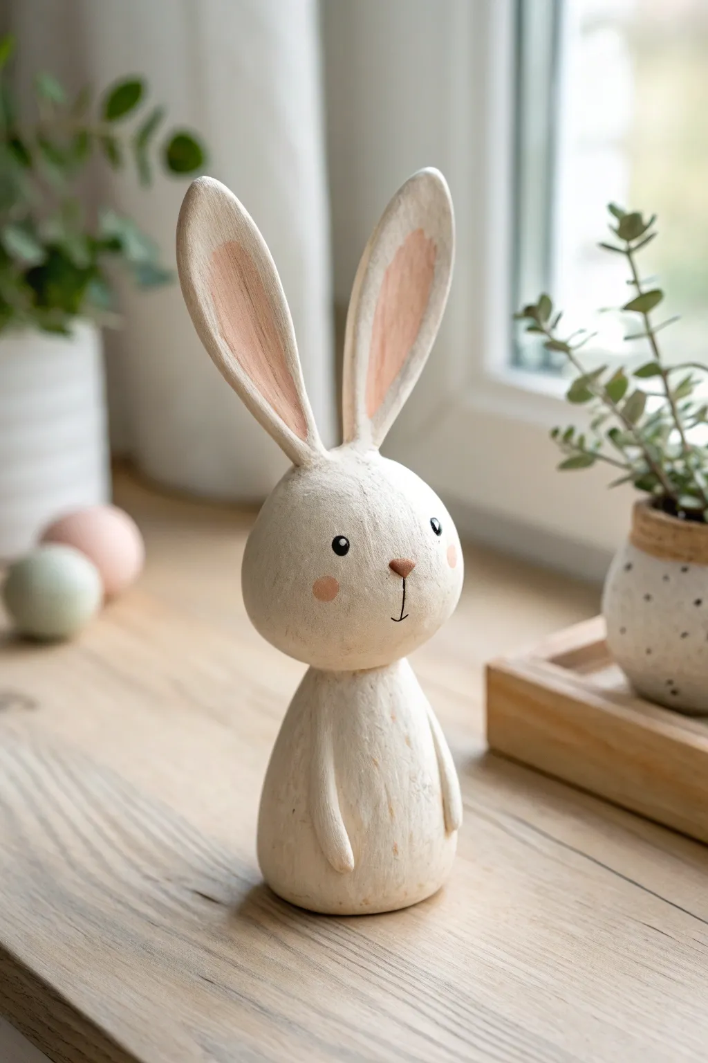 Minimal floppy-ear bunny clay bobblehead with an oversized head and a subtle bobble gap