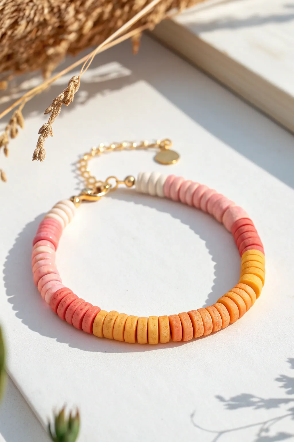 Sunset ombre clay disc bracelet in pink to yellow, minimalist styling with crisp detail.