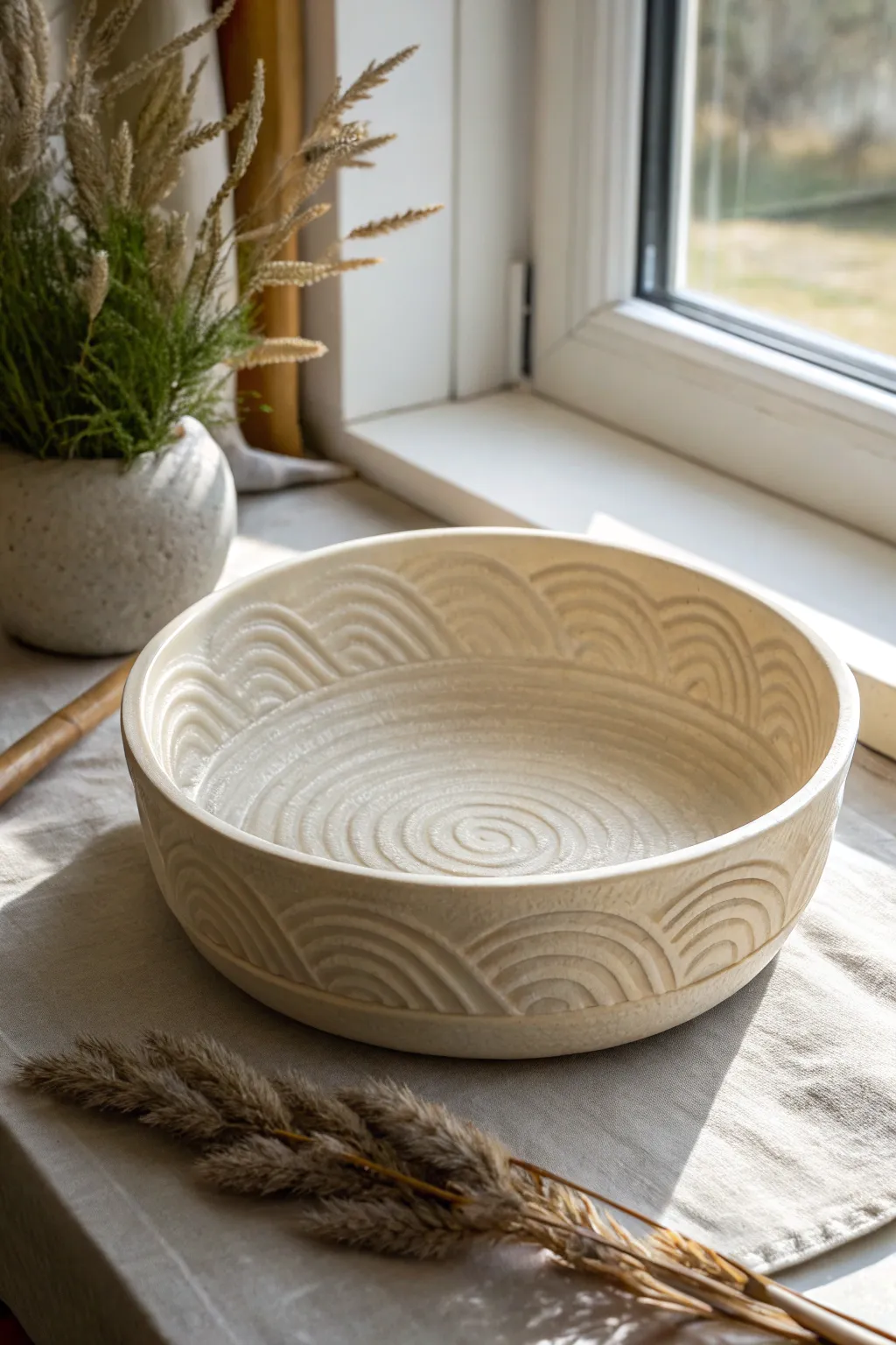 Soft carved ripple lines on a neutral glazed dish bring calm, minimalist texture to your shelf.