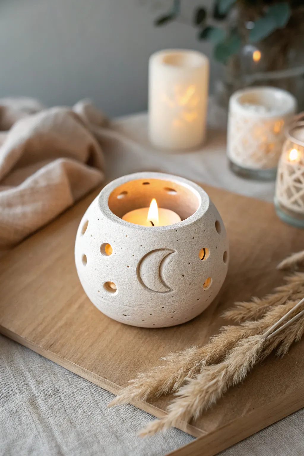 Tiny handmade clay tea light holder with simple cutouts and a soft, cozy evening glow
