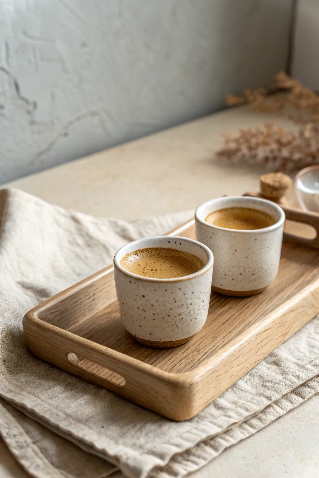 Tiny matching clay espresso cups on a simple tray, the sweetest DIY set for mornings.