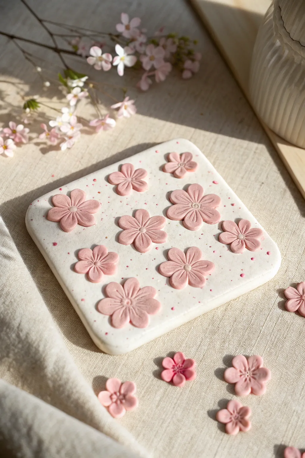 Easy cherry blossom mini clay flowers on a minimalist coaster, simple, sweet, beginner-friendly.