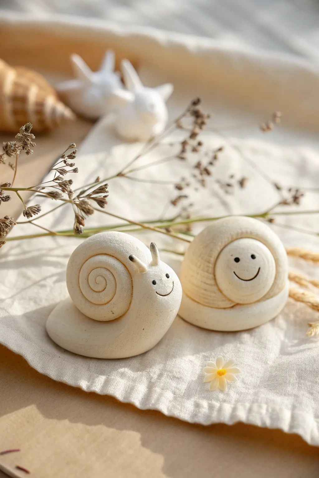 Two cute clay snail buddies with spiral shells, perfect as an easy kid friendly clay project