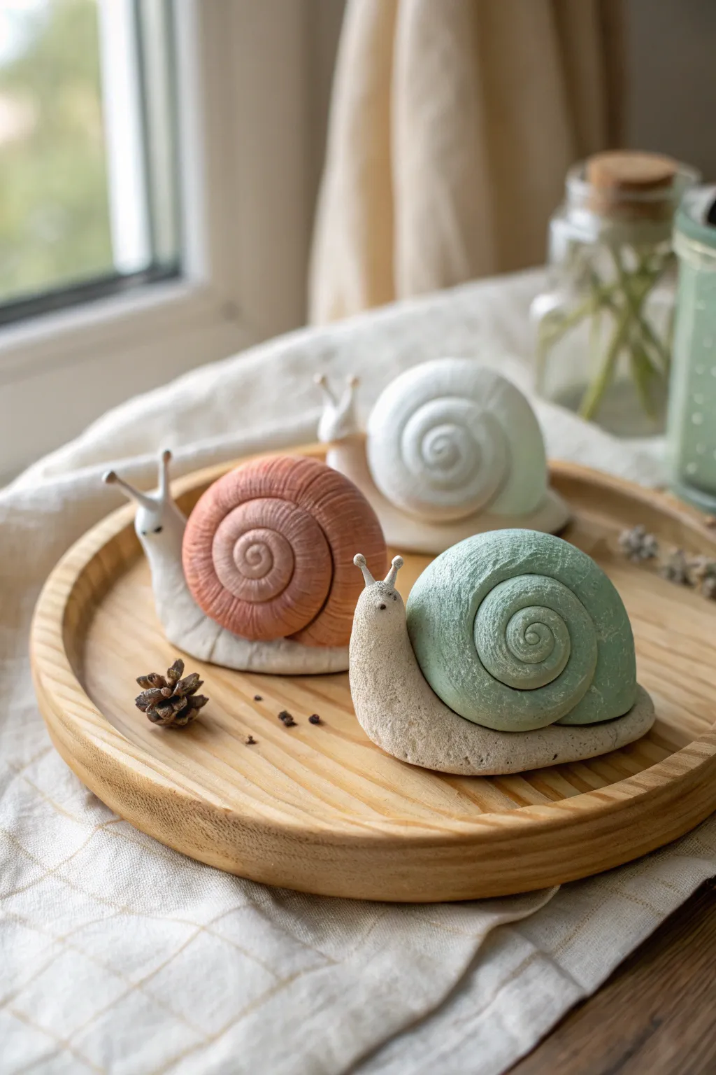 Cute coiled clay snails in soft earthy tones, an easy preschool project with big charm.