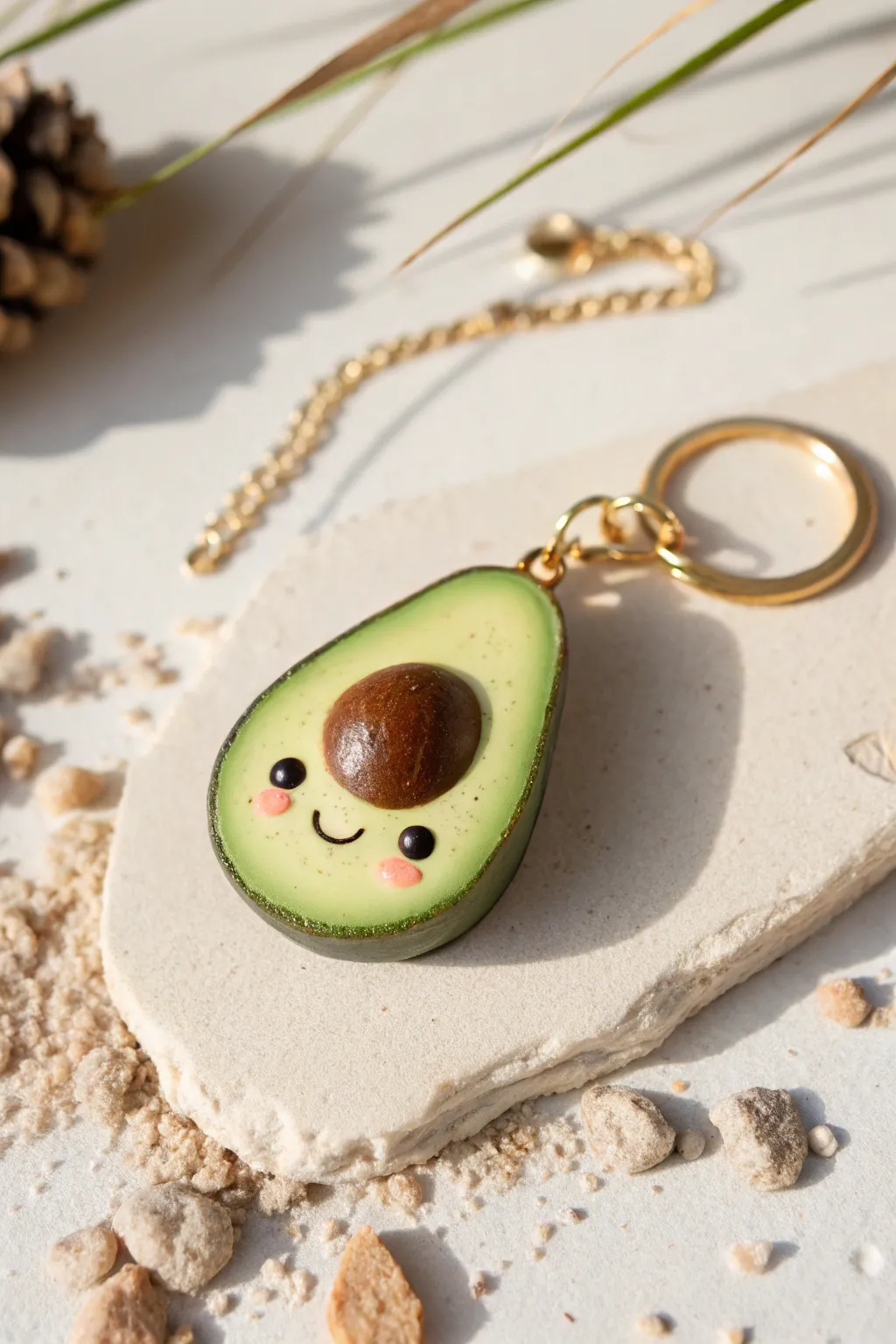 Easy clay inspo: a kawaii avocado half charm with a sweet face, perfect for keys or bags.