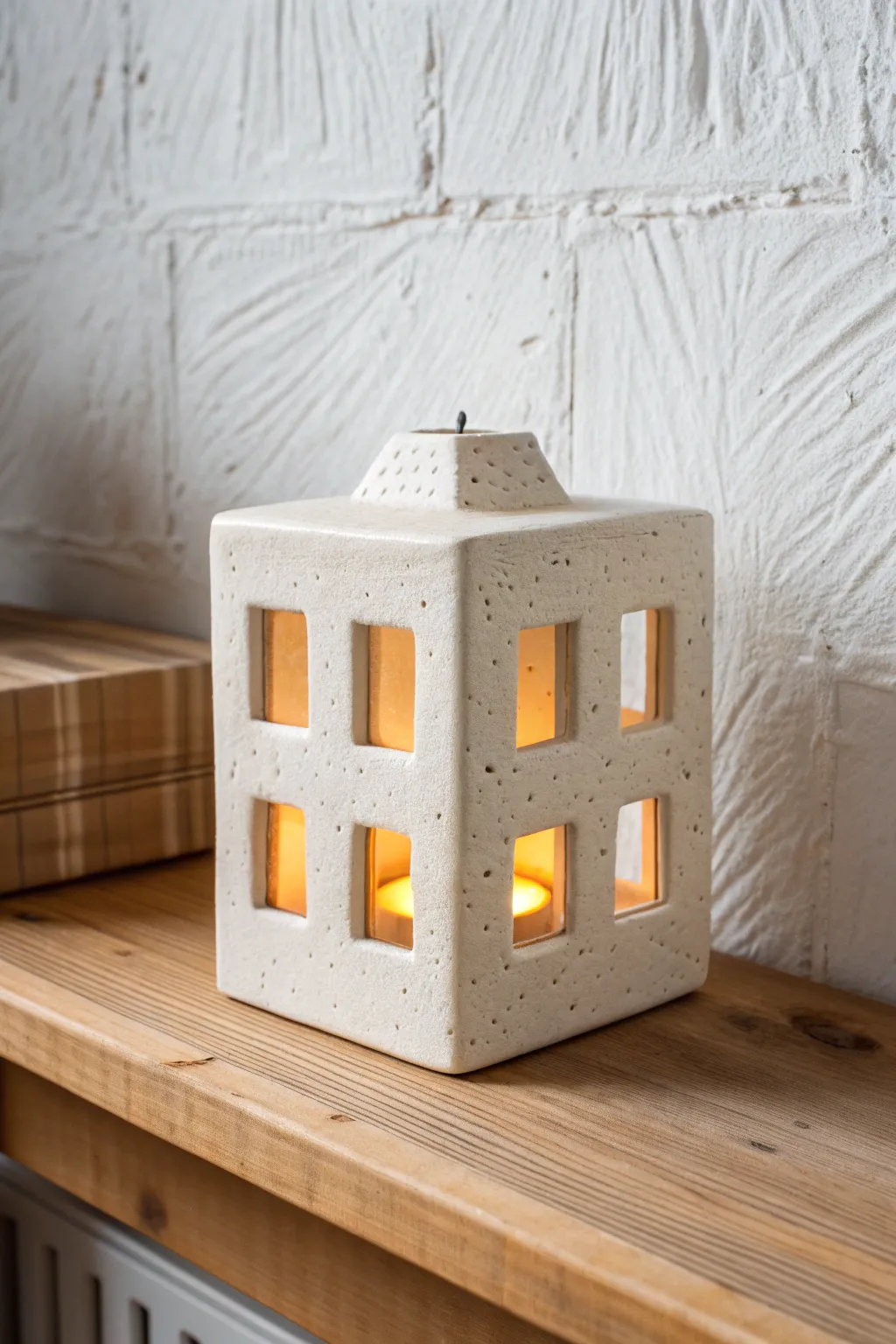 Simple slab-built clay box lantern with window cutouts, casting a cozy glow on a minimalist shelf.