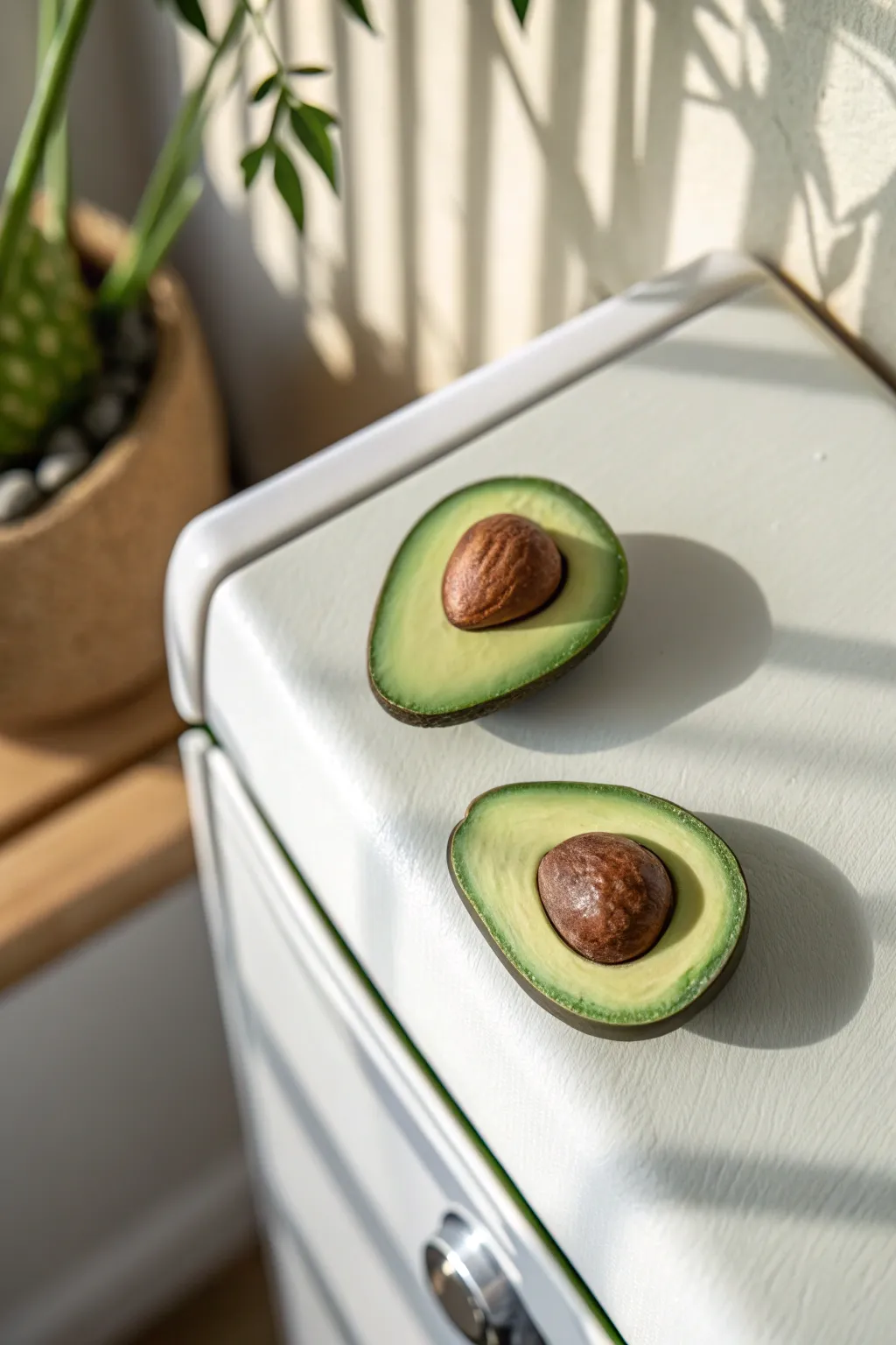 Sweet avocado half clay magnets in soft greens, a simple DIY pop of color for your fridge.