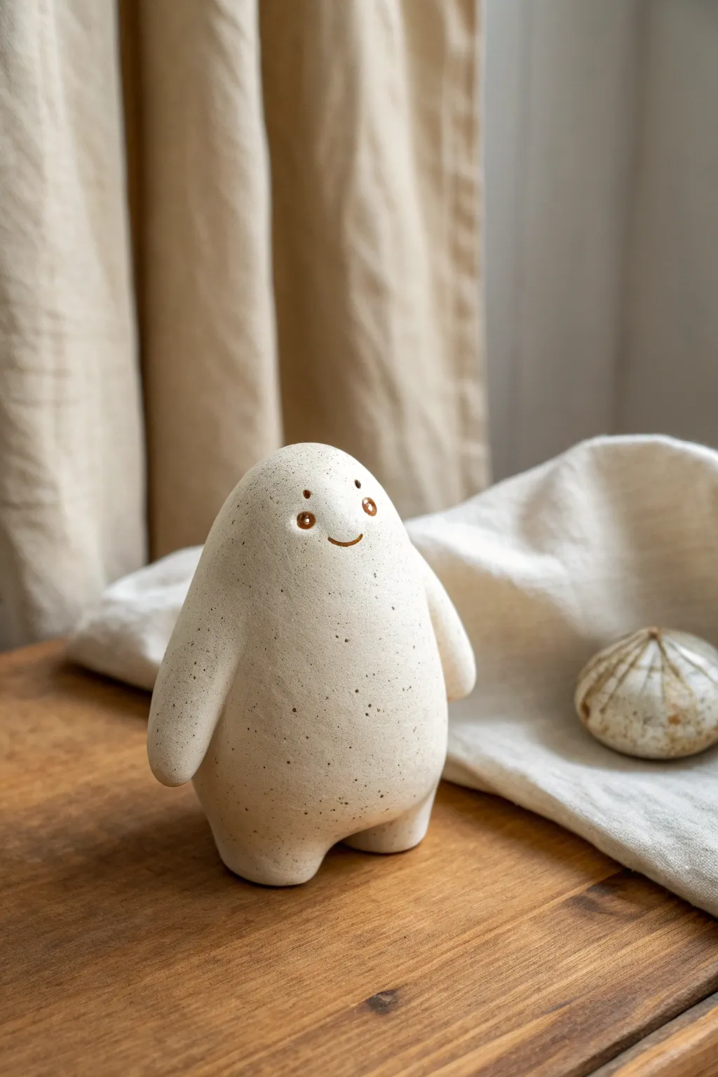 Long-arm coil monster: a simple, huggable clay buddy with playful draped arms and tiny hands.