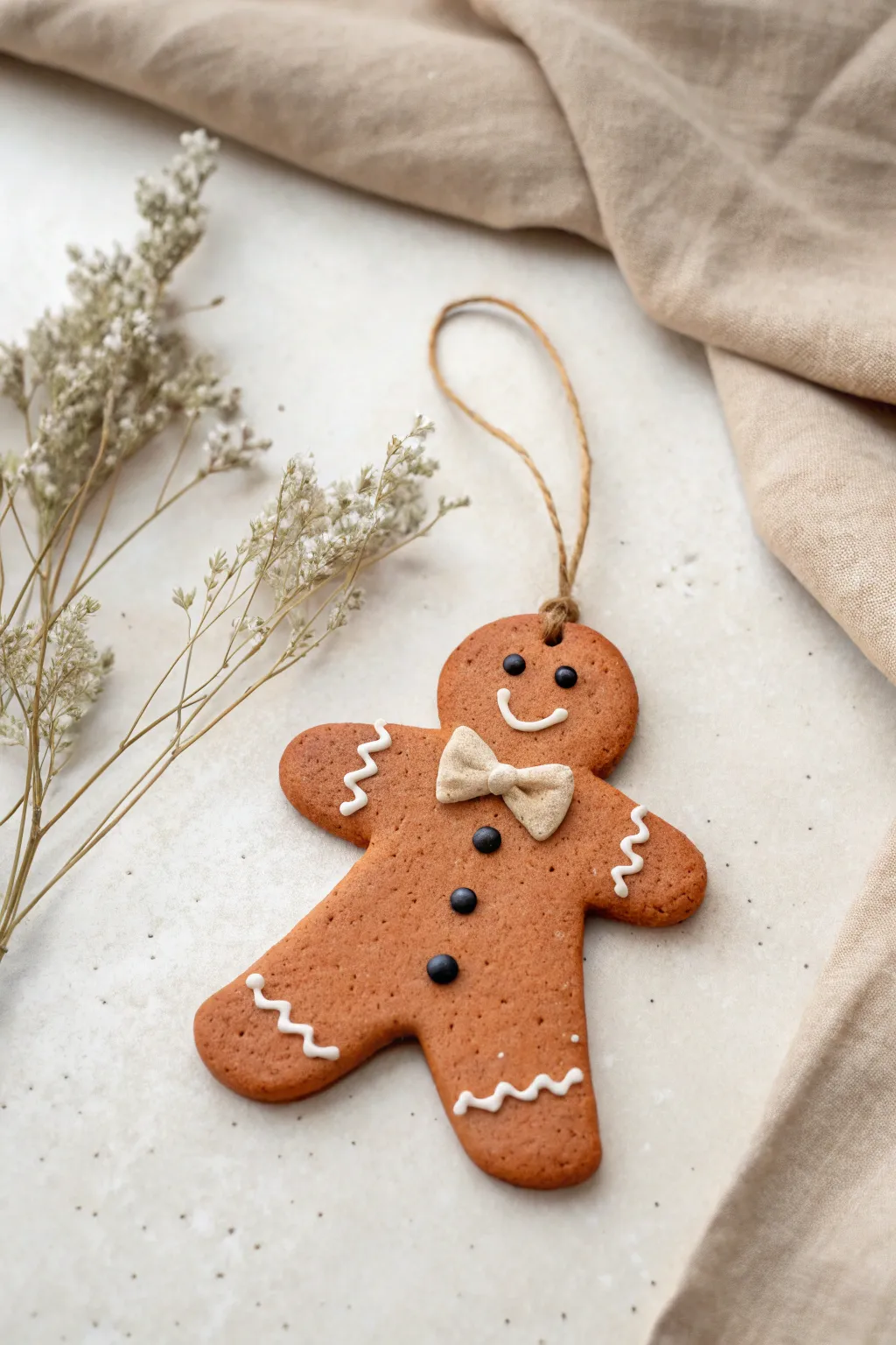 Sweet gingerbread-person clay ornament with simple painted details and a tiny bow, minimalist holiday