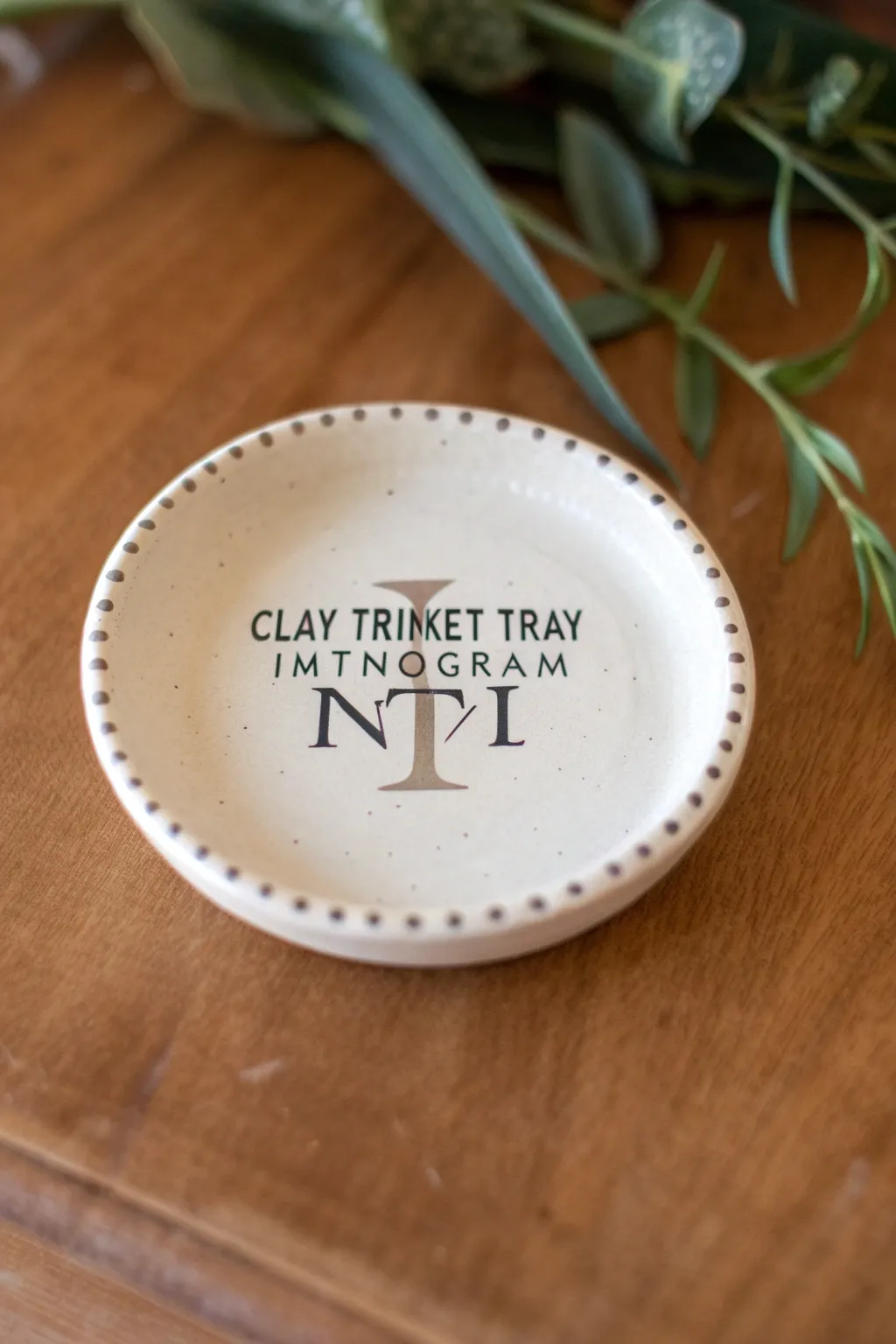 Simple monogram trinket tray with a dotted rim, minimalist and handmade for an easy painted finish