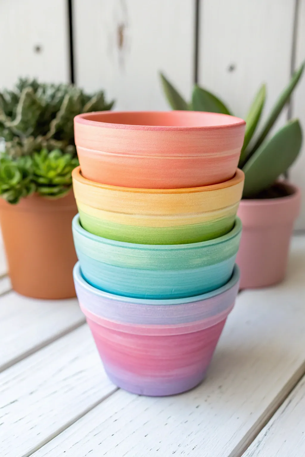 Stacked rainbow ombre terracotta pots for an easy, cheerful clay craft with minimalist flair.