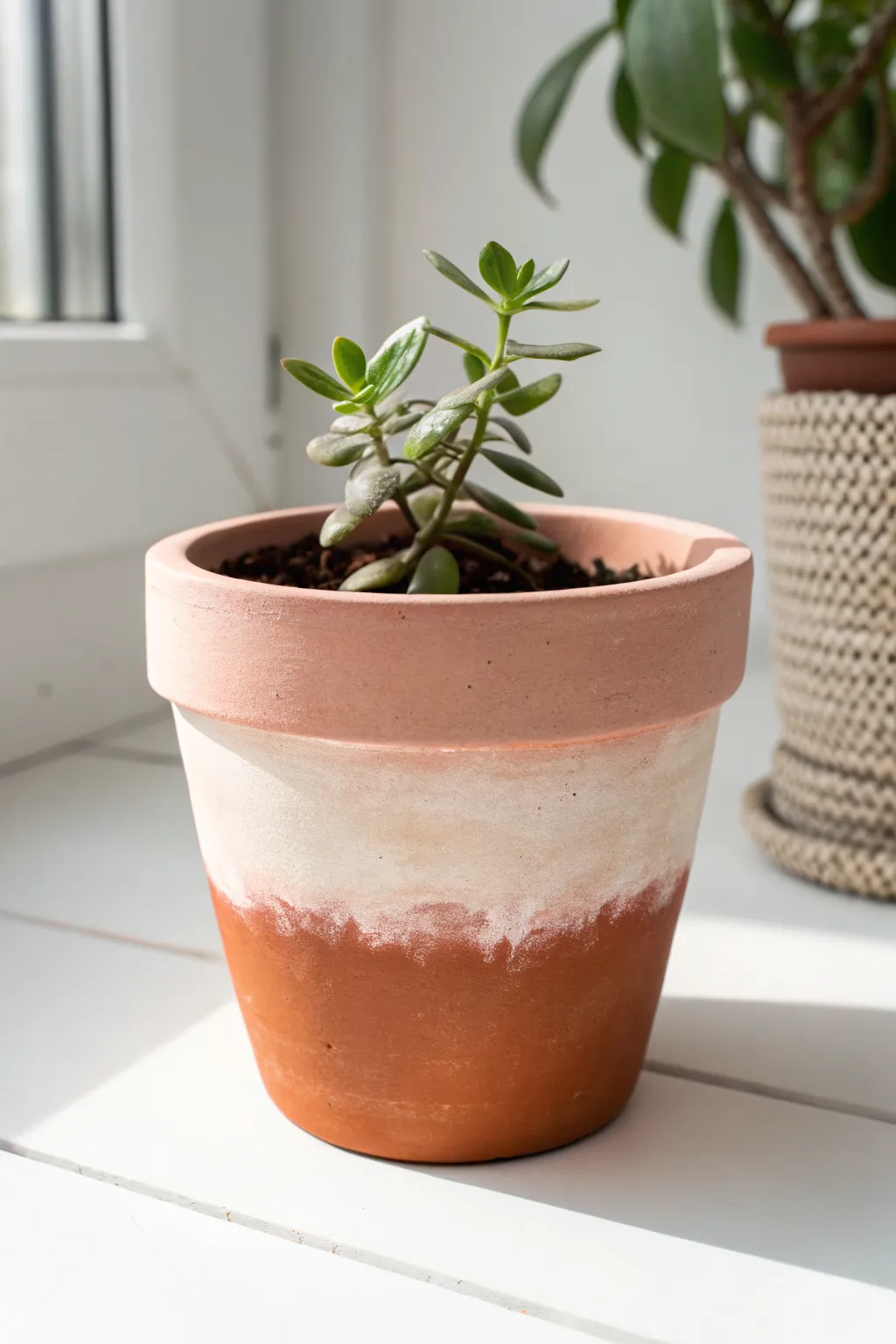 Soft ombre terra cotta pot idea with a calm minimalist look and a fresh pop of green.