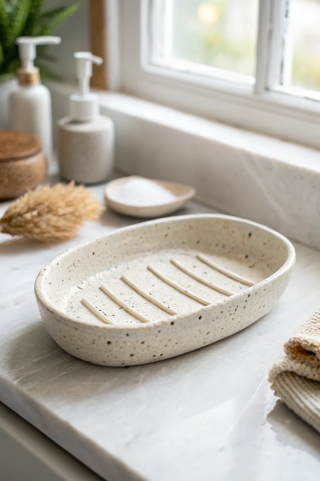 Minimal oval clay soap dish with gentle drainage grooves in a bright Scandinavian bathroom.