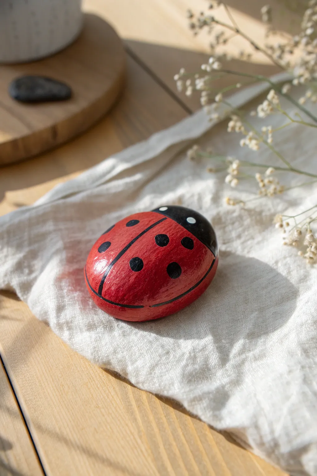 Sweet glossy ladybug clay rattle with simple spots, a cute pocket toy for little hands