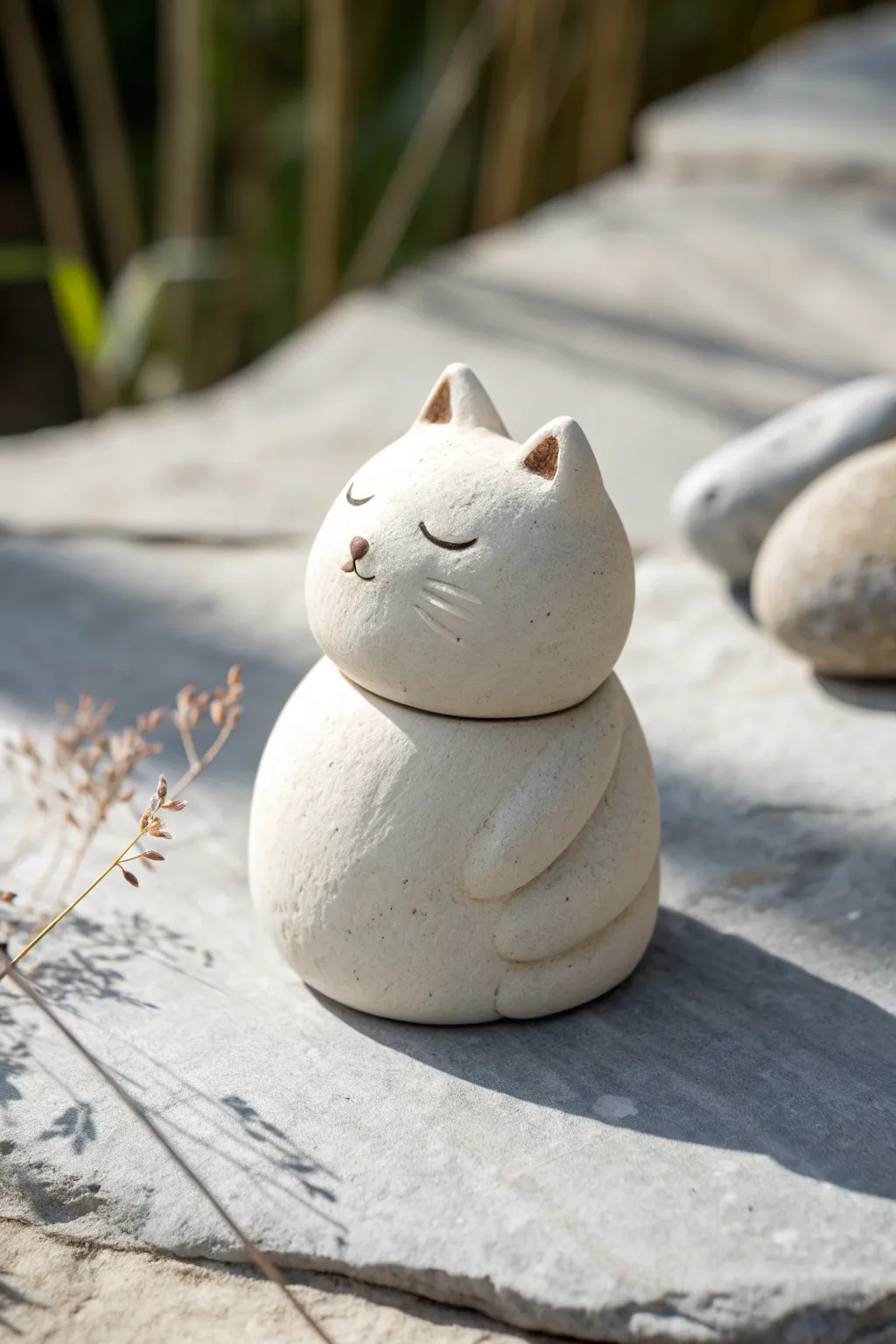 Tiny chubby clay cat figurine, matte finish and cozy Scandi-Boho vibe, beginner friendly.