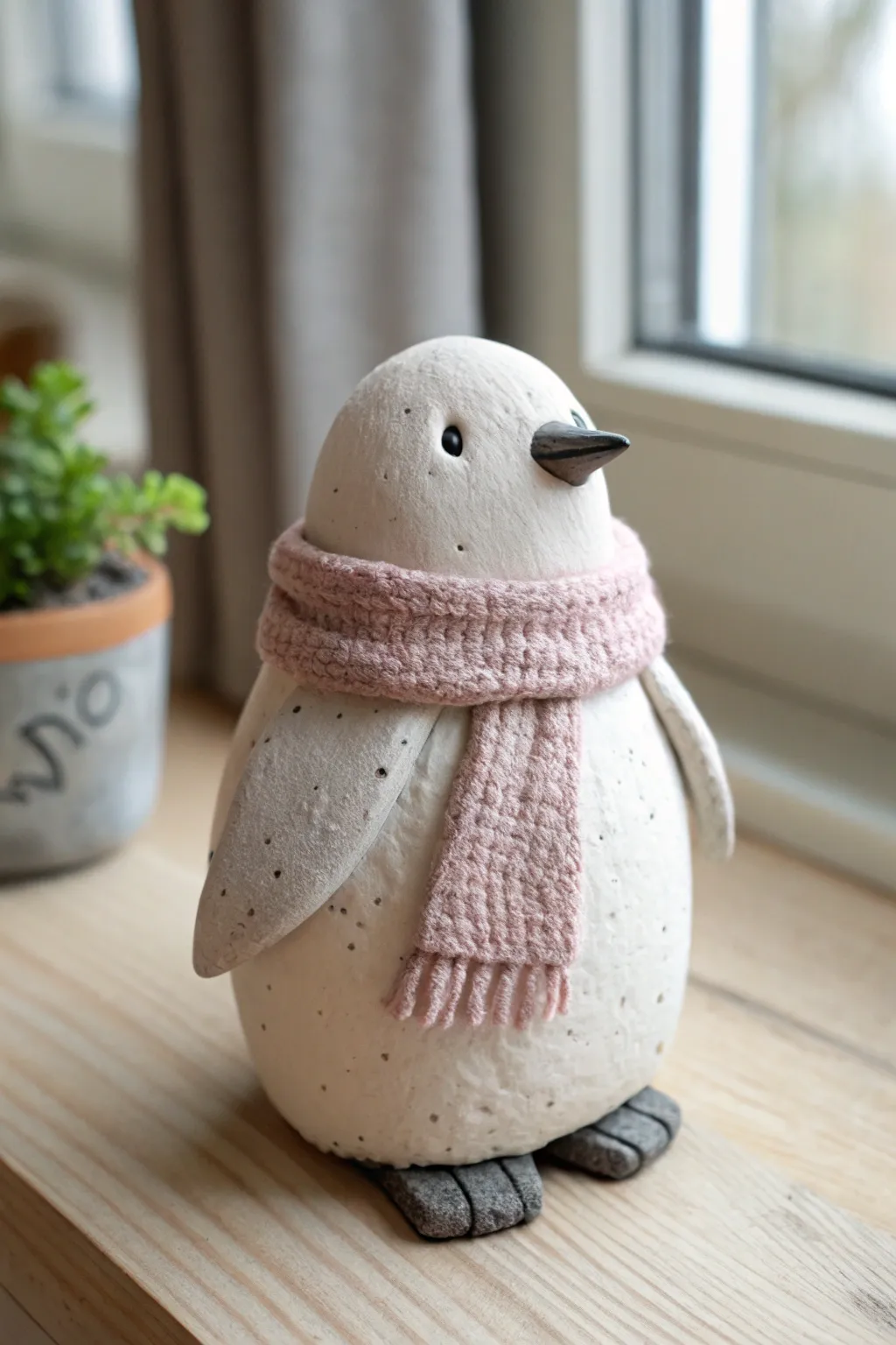 Minimalist clay penguin with cozy scarf, a sweet beginner sculpture for calm Nordic decor.