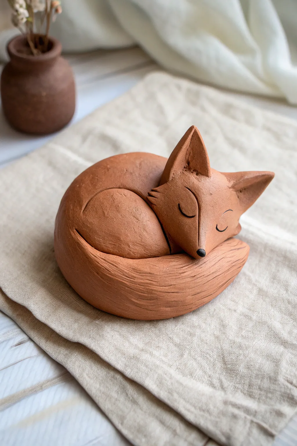Sleepy clay fox curled up with a folded tail, simple lines and cozy Scandinavian calm