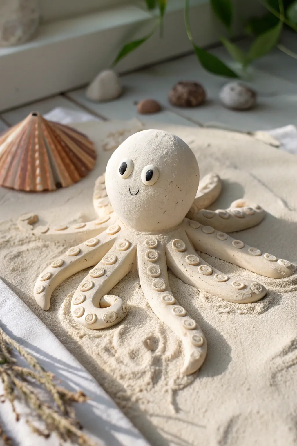Playful air-dry clay octopus with eight stubby legs, an easy kid-friendly sculpture idea