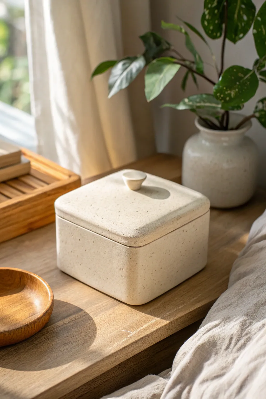 Soft-rounded slab box with a smooth lid in warm speckled clay, perfect for a cozy bedside spot.