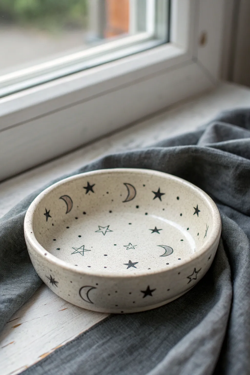 Mini star and moon stamped trinket dish, simple night-sky texture for easy clay stamping.
